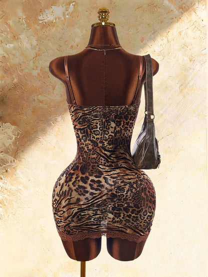 Amplova Lace Cup Detail Tropical Vacation Floral Mesh Bodycon Mini Dress Club Night Night Out Brown Summer Sexy