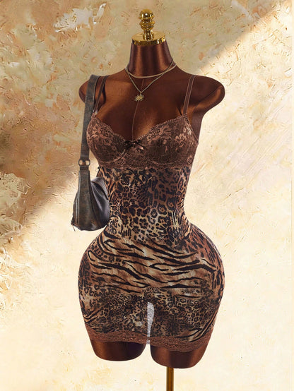 Amplova Lace Cup Detail Tropical Vacation Floral Mesh Bodycon Mini Dress Club Night Night Out Brown Summer Sexy