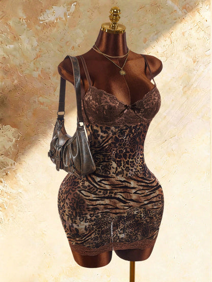 Amplova Lace Cup Detail Tropical Vacation Floral Mesh Bodycon Mini Dress Club Night Night Out Brown Summer Sexy