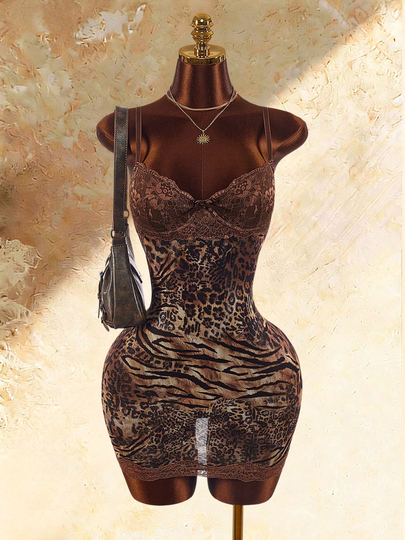 Amplova Lace Cup Detail Tropical Vacation Floral Mesh Bodycon Mini Dress Club Night Night Out Brown Summer Sexy