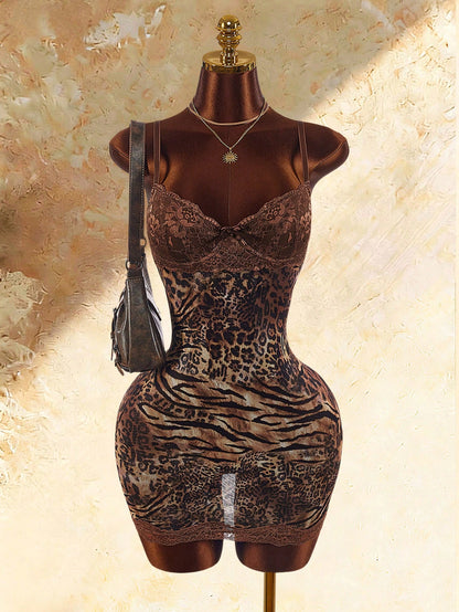 Amplova Lace Cup Detail Tropical Vacation Floral Mesh Bodycon Mini Dress Club Night Night Out Brown Summer Sexy