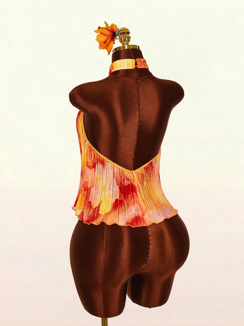 Amplova Women's Floral Print Pleated Asymmetric Hem Halter Backless Tank Top,Golden Yellow,Summer,Boho,Elegant,Holiday,Vacation,Holiday Vintage Brown Swimsuit