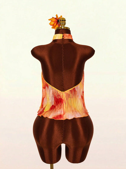Amplova Women's Floral Print Pleated Asymmetric Hem Halter Backless Tank Top,Golden Yellow,Summer,Boho,Elegant,Holiday,Vacation,Holiday Vintage Brown Swimsuit
