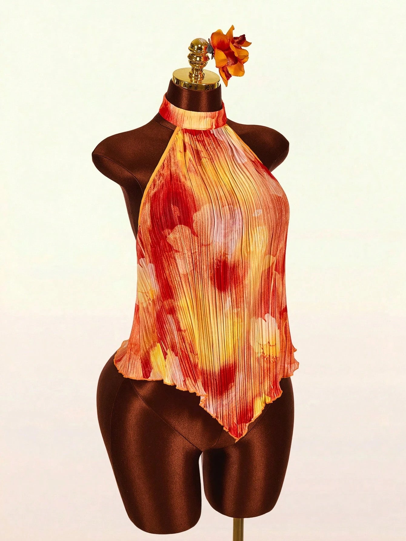 Amplova Women's Floral Print Pleated Asymmetric Hem Halter Backless Tank Top,Golden Yellow,Summer,Boho,Elegant,Holiday,Vacation,Holiday Vintage Brown Swimsuit
