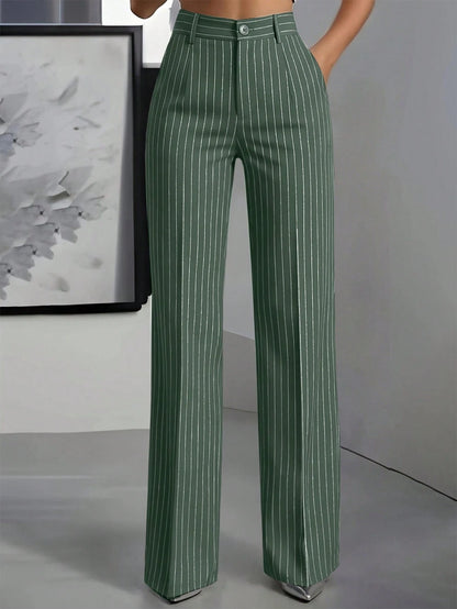 ANCHOSE Women's Casual Elastic Waist Green & White Striped Pants, Suitable For Spring And Summer