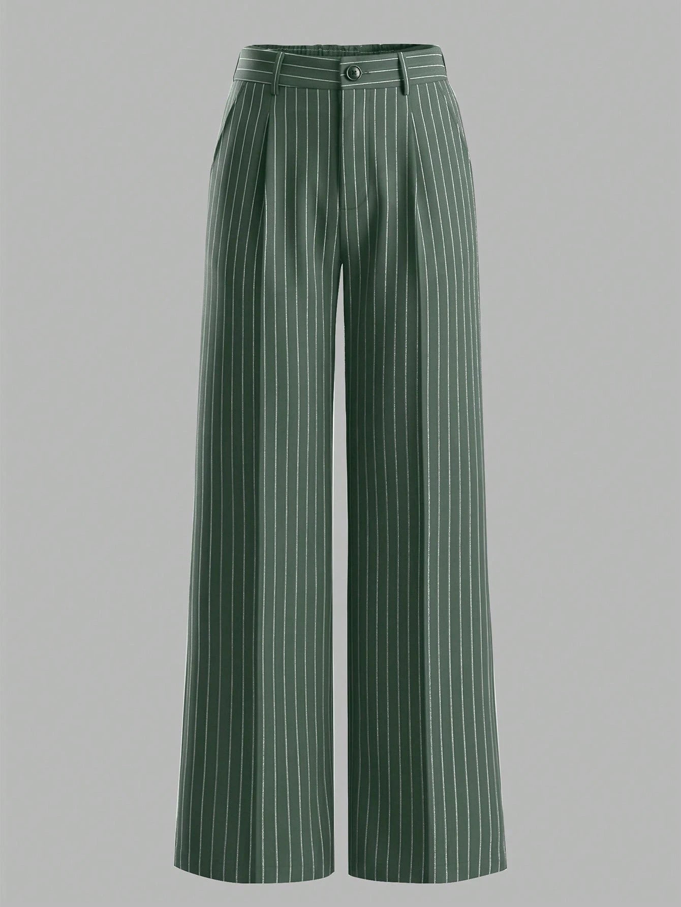 ANCHOSE Women's Casual Elastic Waist Green & White Striped Pants, Suitable For Spring And Summer