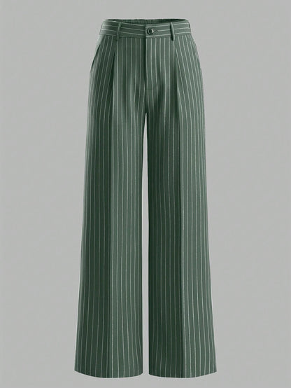 ANCHOSE Women's Casual Elastic Waist Green & White Striped Pants, Suitable For Spring And Summer