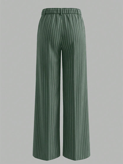 ANCHOSE Women's Casual Elastic Waist Green & White Striped Pants, Suitable For Spring And Summer