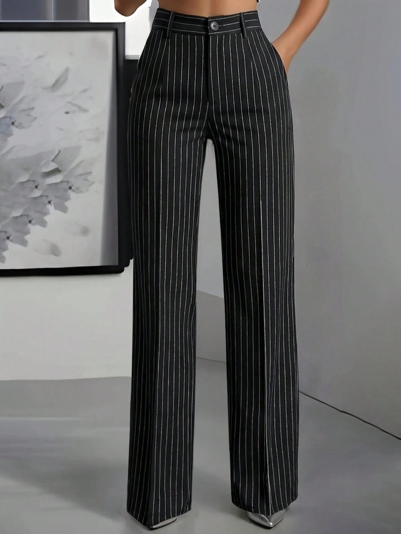 ANCHOSE Women's Casual Elastic Waist Green & White Striped Pants, Suitable For Spring And Summer