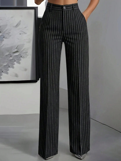 ANCHOSE Women's Casual Elastic Waist Green & White Striped Pants, Suitable For Spring And Summer