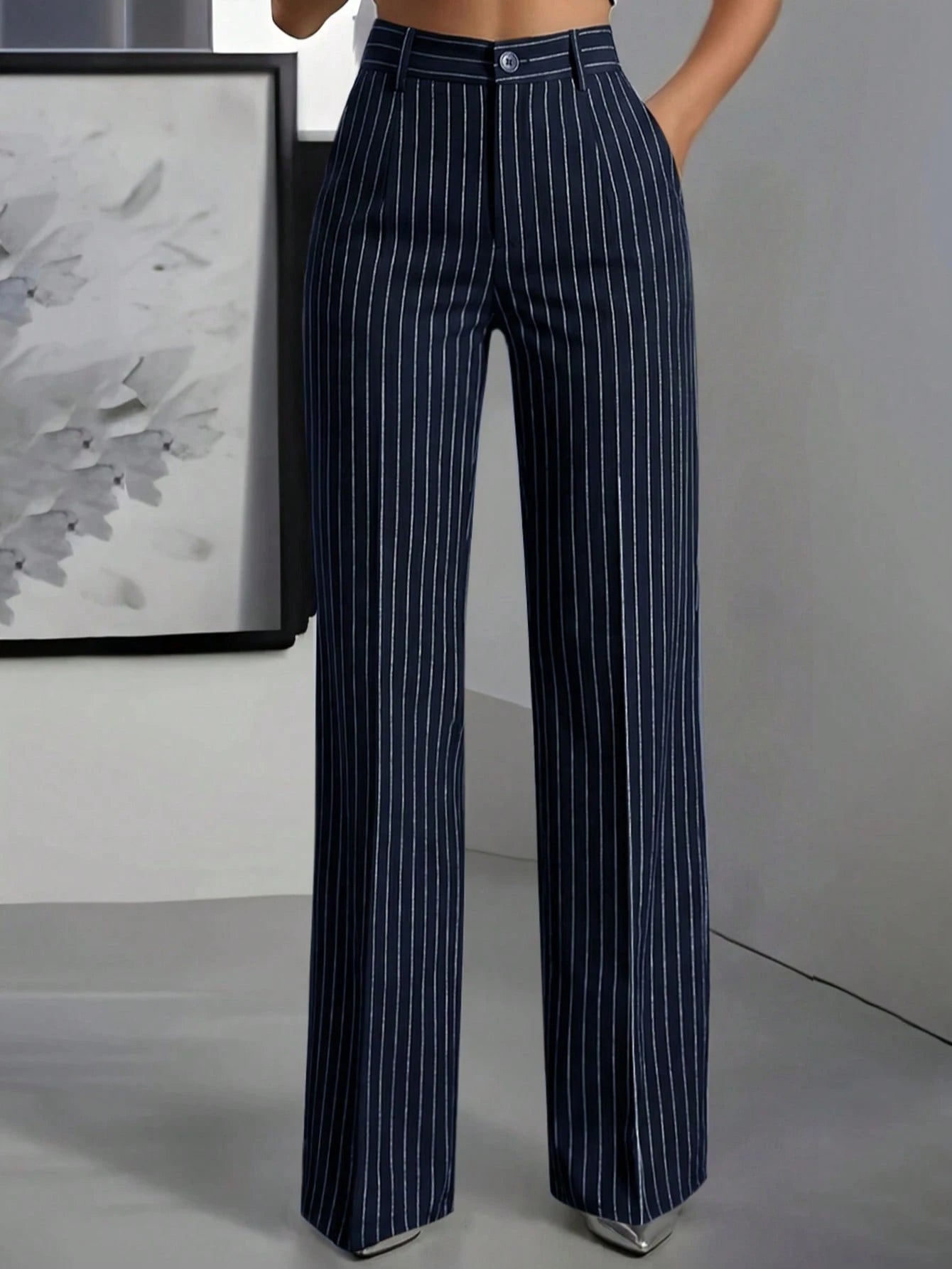 ANCHOSE Women's Casual Elastic Waist Green & White Striped Pants, Suitable For Spring And Summer