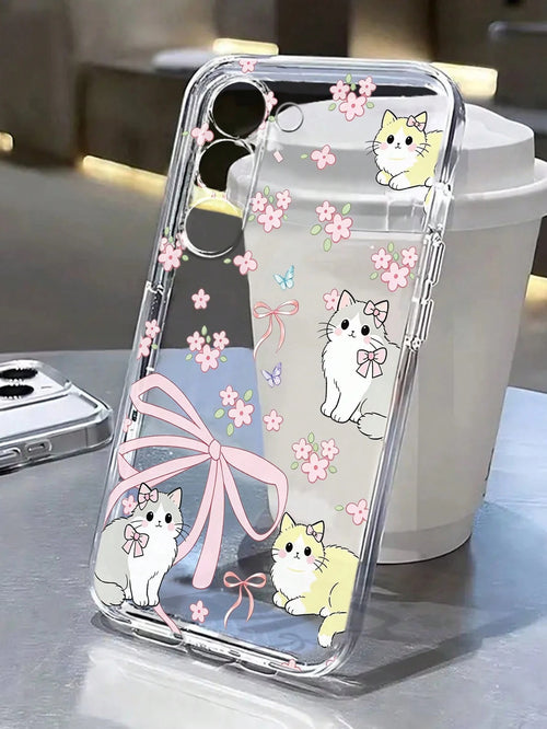 Android Flower Cartoon Cat Painted Fashion Minimalist Transparent Thick Anti-Drop Phone Protective Case Compatible With GalaxyS26 S25/S25PLUS/S25 Ultra/A16/A36/A26/A56/A50/A12/A32/A52/A72/A51/A21S/A13