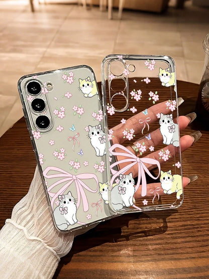 Android Flower Cartoon Cat Painted Fashion Minimalist Transparent Thick Anti-Drop Phone Protective Case Compatible With GalaxyS26 S25/S25PLUS/S25 Ultra/A16/A36/A26/A56/A50/A12/A32/A52/A72/A51/A21S/A13