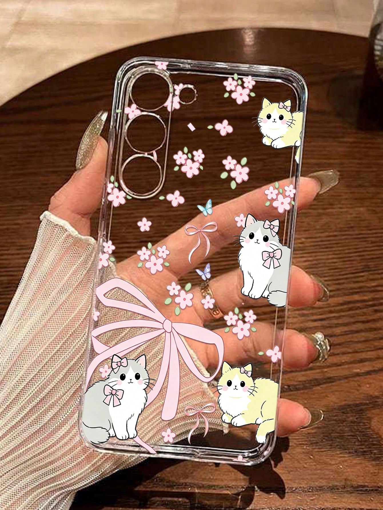 Android Flower Cartoon Cat Painted Fashion Minimalist Transparent Thick Anti-Drop Phone Protective Case Compatible With GalaxyS26 S25/S25PLUS/S25 Ultra/A16/A36/A26/A56/A50/A12/A32/A52/A72/A51/A21S/A13