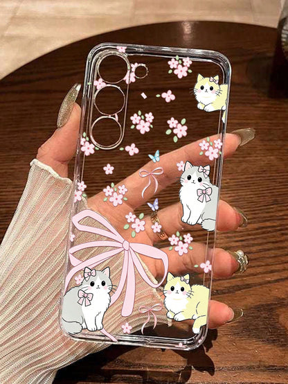 Android Flower Cartoon Cat Painted Fashion Minimalist Transparent Thick Anti-Drop Phone Protective Case Compatible With GalaxyS26 S25/S25PLUS/S25 Ultra/A16/A36/A26/A56/A50/A12/A32/A52/A72/A51/A21S/A13