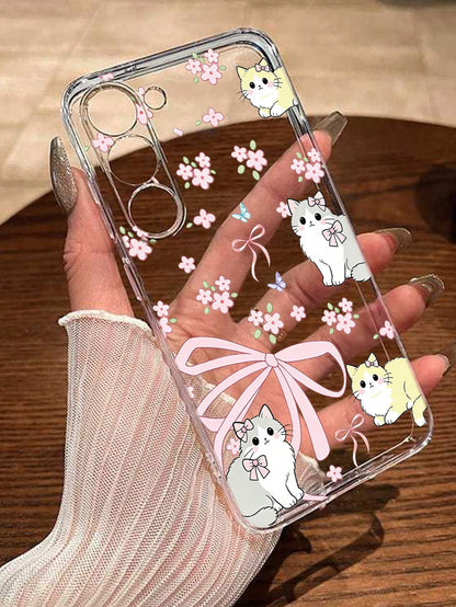 Android Flower Cartoon Cat Painted Fashion Minimalist Transparent Thick Anti-Drop Phone Protective Case Compatible With GalaxyS26 S25/S25PLUS/S25 Ultra/A16/A36/A26/A56/A50/A12/A32/A52/A72/A51/A21S/A13