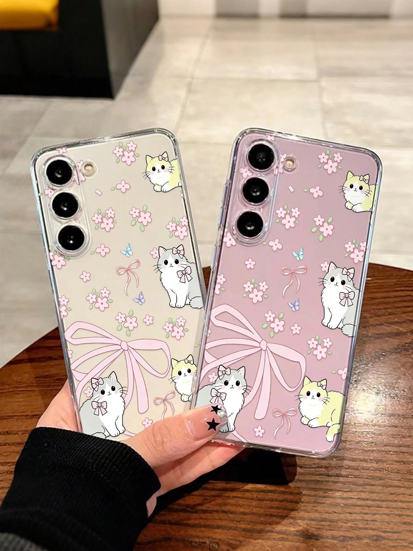Android Flower Cartoon Cat Painted Fashion Minimalist Transparent Thick Anti-Drop Phone Protective Case Compatible With GalaxyS26 S25/S25PLUS/S25 Ultra/A16/A36/A26/A56/A50/A12/A32/A52/A72/A51/A21S/A13