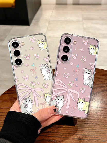 Android Flower Cartoon Cat Painted Fashion Minimalist Transparent Thick Anti-Drop Phone Protective Case Compatible With GalaxyS26 S25/S25PLUS/S25 Ultra/A16/A36/A26/A56/A50/A12/A32/A52/A72/A51/A21S/A13