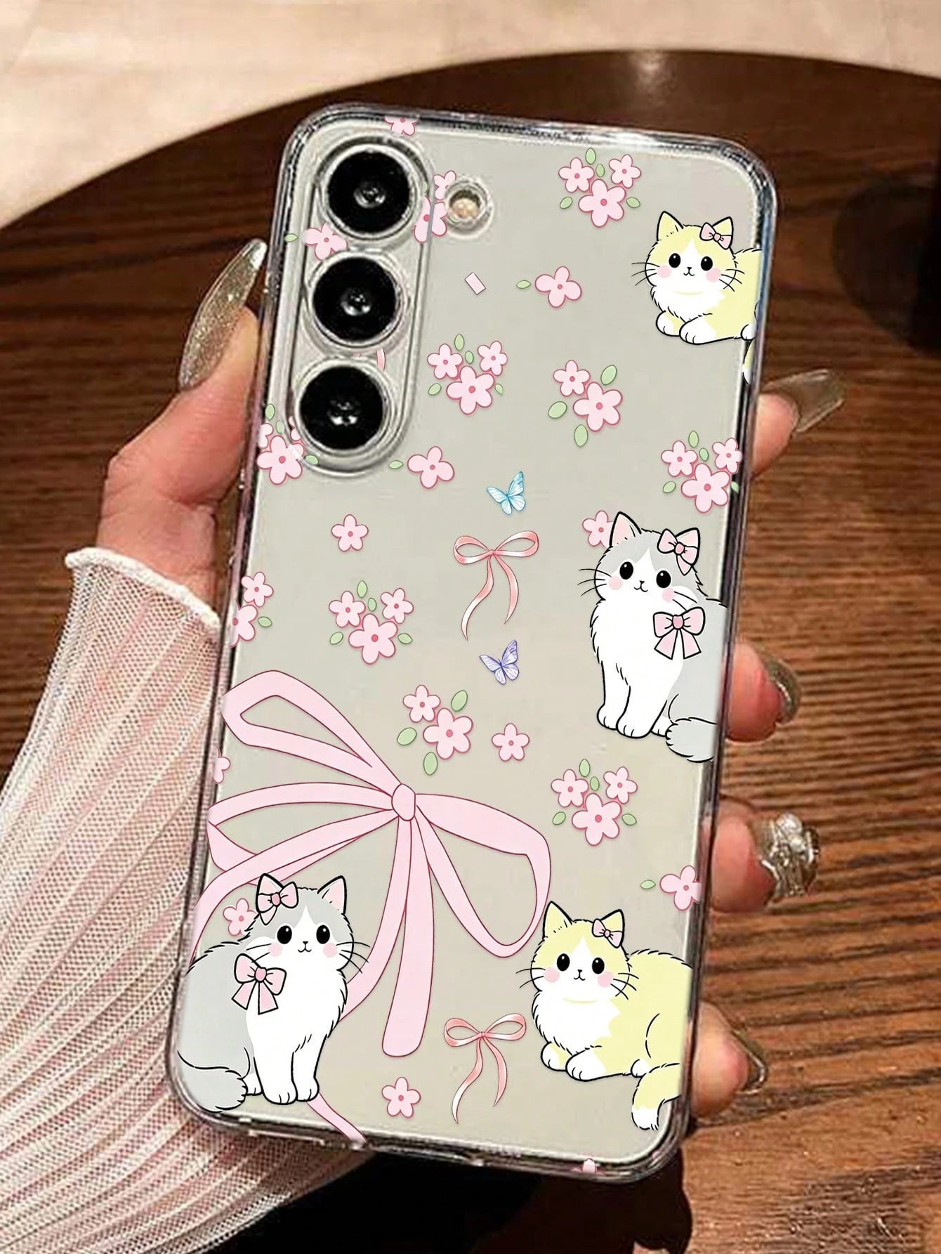 Android Flower Cartoon Cat Painted Fashion Minimalist Transparent Thick Anti-Drop Phone Protective Case Compatible With GalaxyS26 S25/S25PLUS/S25 Ultra/A16/A36/A26/A56/A50/A12/A32/A52/A72/A51/A21S/A13