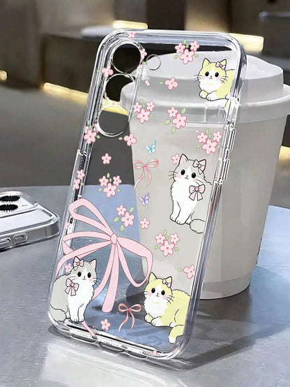 Android Flower Cartoon Cat Painted Fashion Minimalist Transparent Thick Anti-Drop Phone Protective Case Compatible With GalaxyS26 S25/S25PLUS/S25 Ultra/A16/A36/A26/A56/A50/A12/A32/A52/A72/A51/A21S/A13