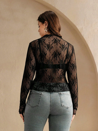 Anewsta Plus Size Solid Color Sexy Sheer Lace Trim Long Sleeve Top Fall