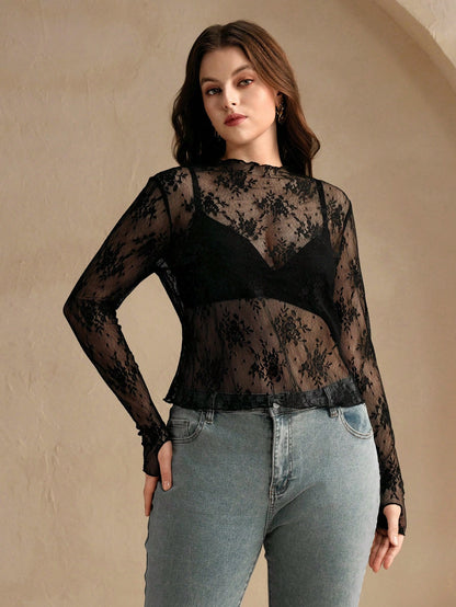Anewsta Plus Size Solid Color Sexy Sheer Lace Trim Long Sleeve Top Fall