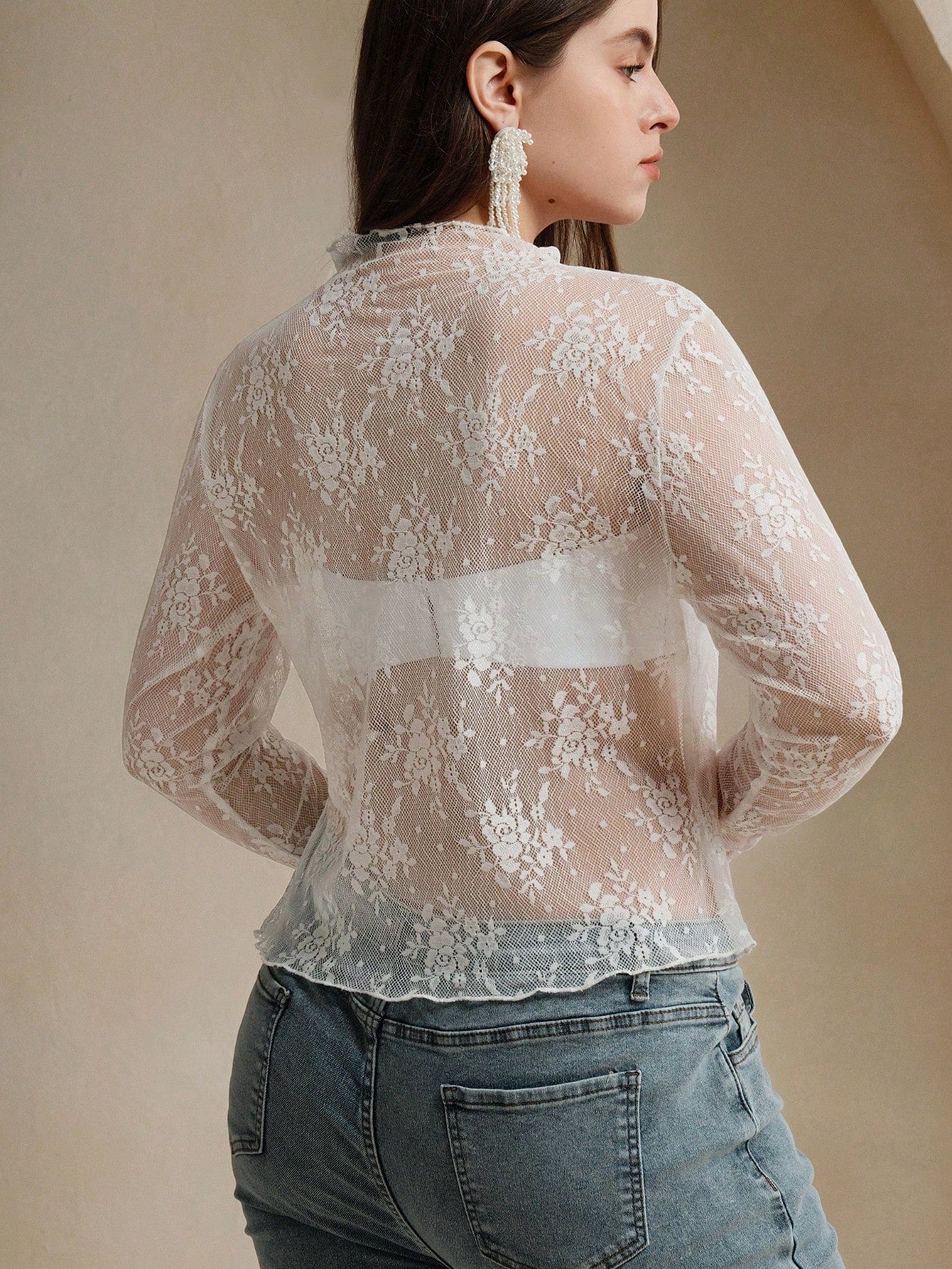 Anewsta Plus Size Solid Color Sexy Sheer Lace Trim Long Sleeve Top Fall