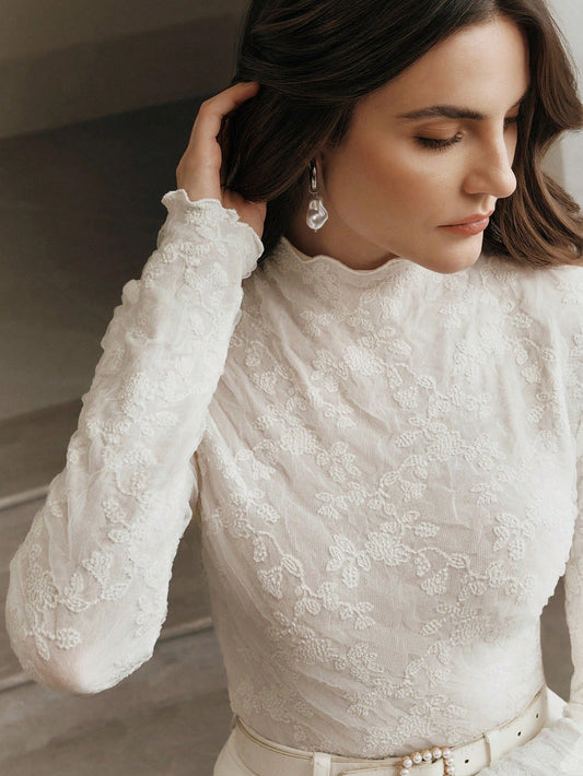 Anewsta Women's Mandarin Collar Fitted Ruched Lace Long Sleeve White Top