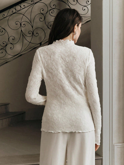 Anewsta Women's Mandarin Collar Fitted Ruched Lace Long Sleeve White Top