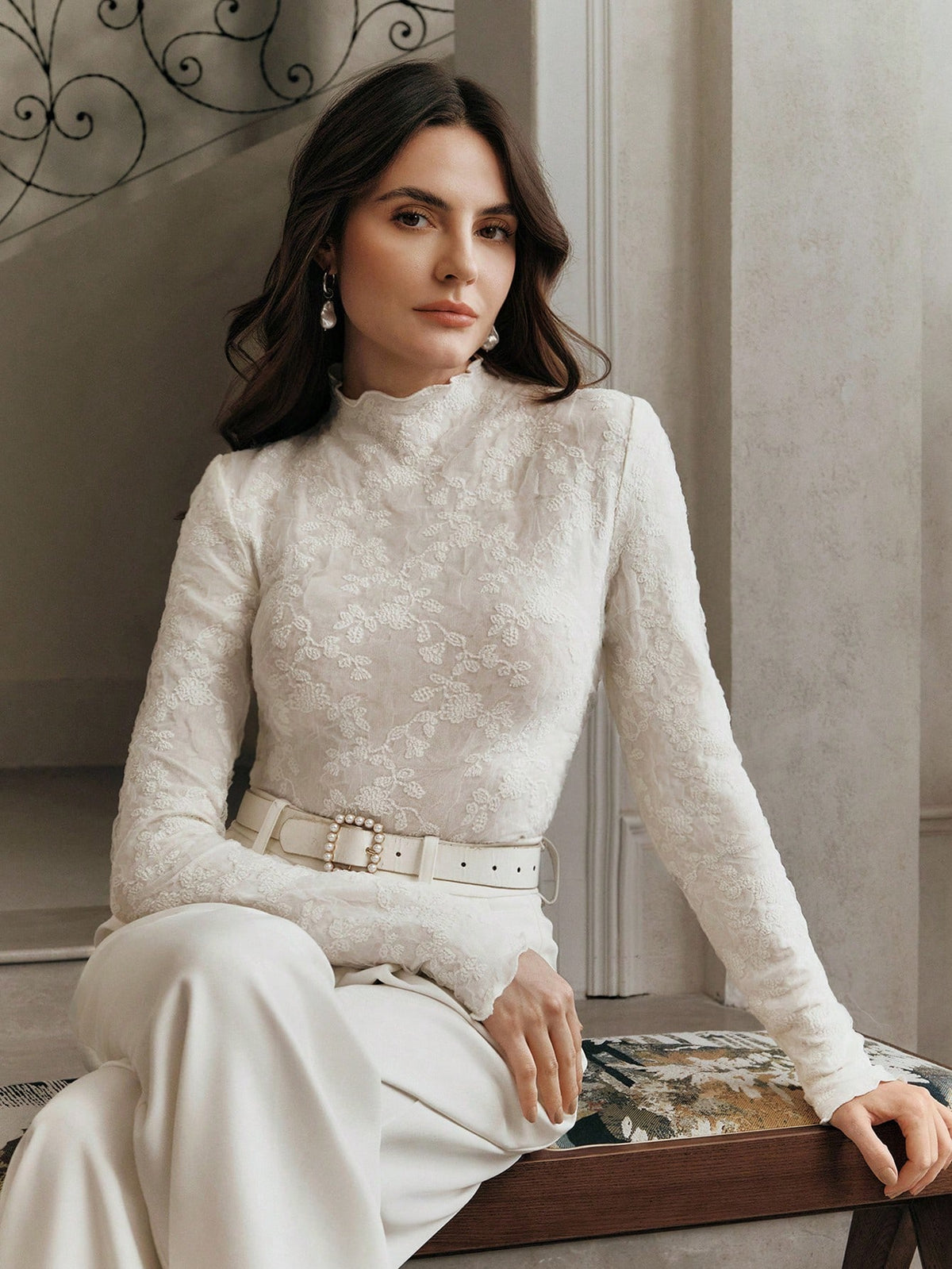 Anewsta Women's Mandarin Collar Fitted Ruched Lace Long Sleeve White Top