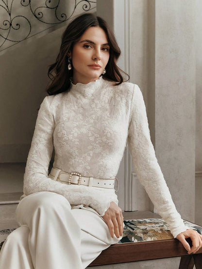 Anewsta Women's Mandarin Collar Fitted Ruched Lace Long Sleeve White Top