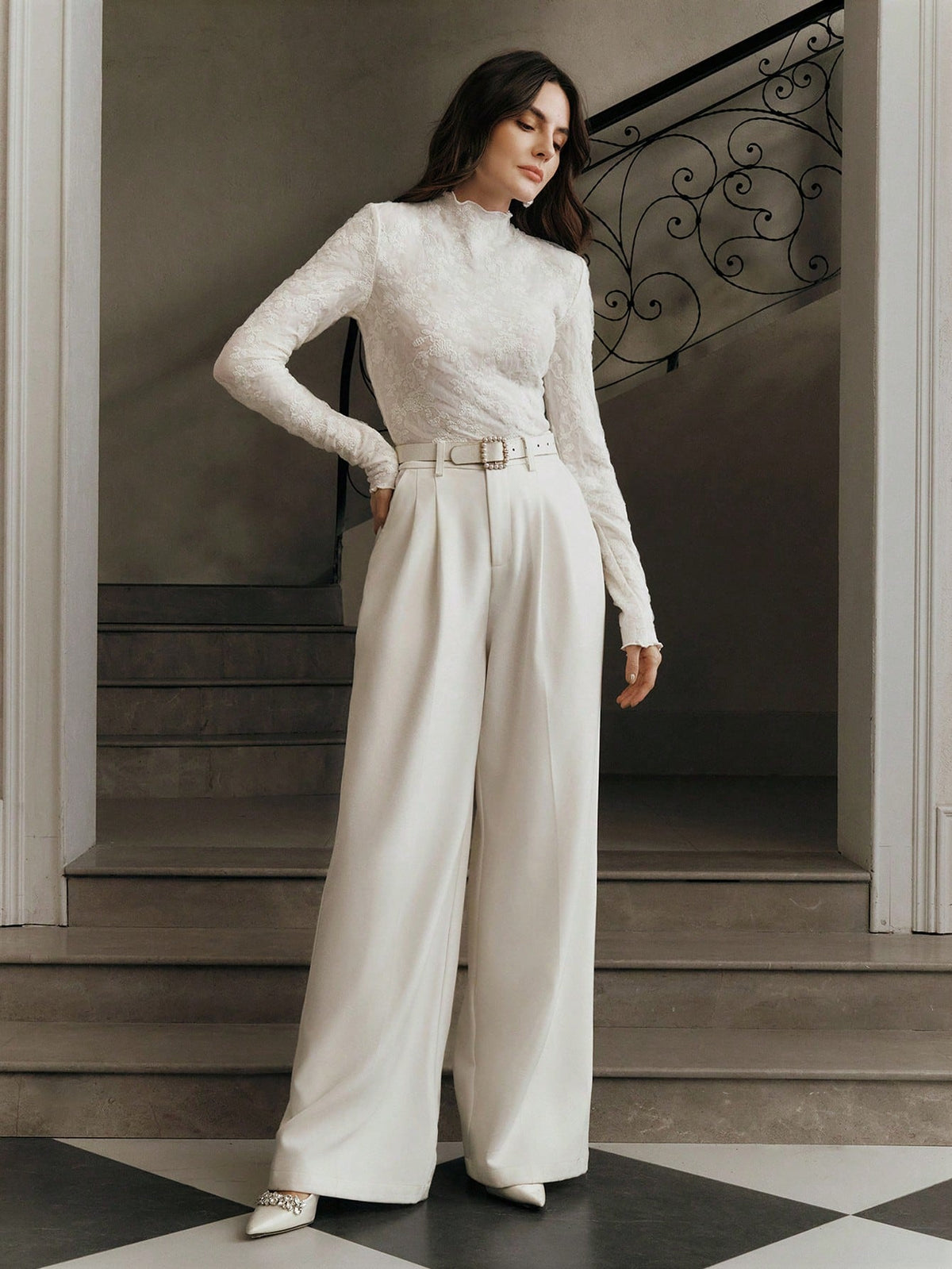 Anewsta Women's Mandarin Collar Fitted Ruched Lace Long Sleeve White Top