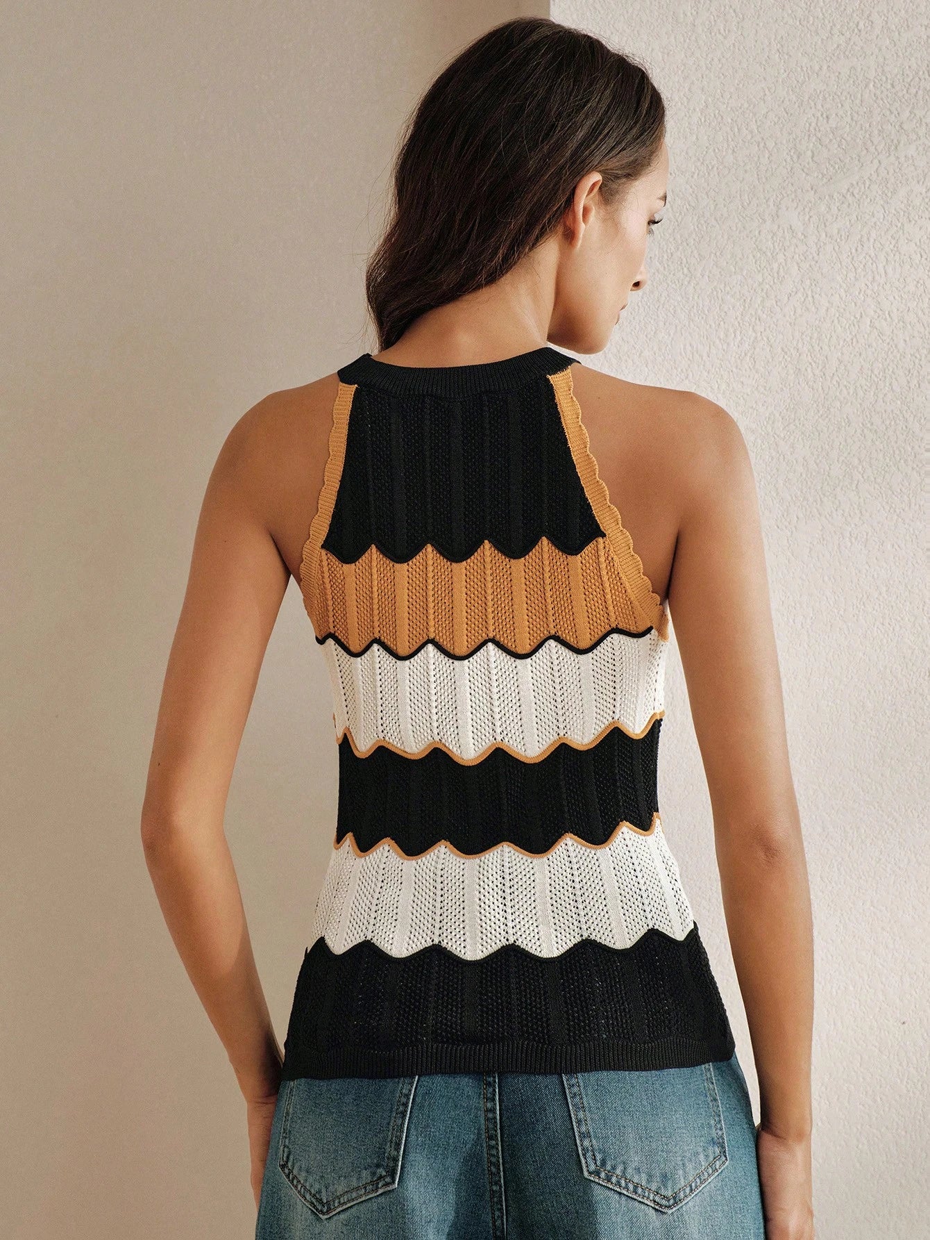 Anewsta Women's Stylish Sleeveless Halter Neck Wavy Colorful Striped Hollow-Out Textured Knit Tank Top, Summer