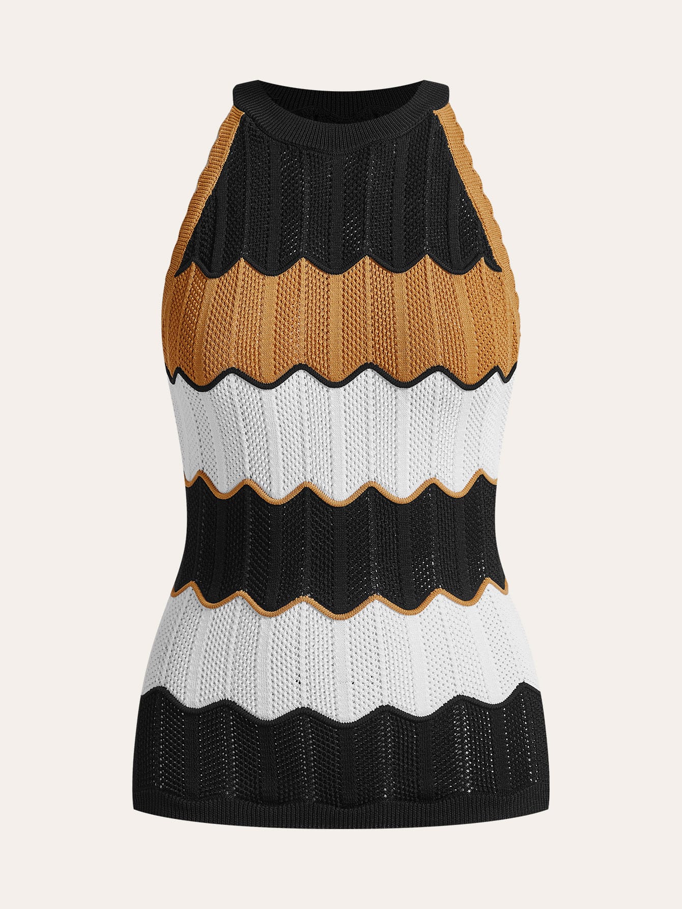 Anewsta Women's Stylish Sleeveless Halter Neck Wavy Colorful Striped Hollow-Out Textured Knit Tank Top, Summer