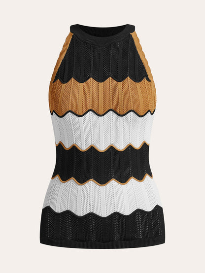 Anewsta Women's Stylish Sleeveless Halter Neck Wavy Colorful Striped Hollow-Out Textured Knit Tank Top, Summer