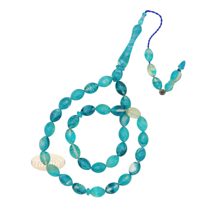 Aquamarine Oval Monomer 33ct Misbaha - 12x9 mm Muslim Prayer Beads