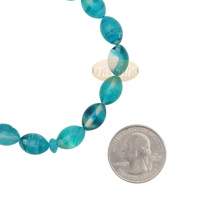 Aquamarine Oval Monomer 33ct Misbaha - 12x9 mm Muslim Prayer Beads