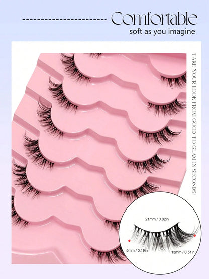 Asiteo 7 Pairs Cat Eye False Eyelashes, Natural & Delicate, Criss-Cross Fluffy, Curled Corners, Suitable For Daily Wear And Commuting