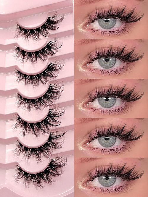Asiteo 7 Pairs Fluffy Criss-Cross Cat Eye False Eyelashes, Transparent Eyelash Stem, Natural Thin Eyelashes, Transparent Eyelash Band, Faux Mink Eyelashes, Soft Curly Eyelashes