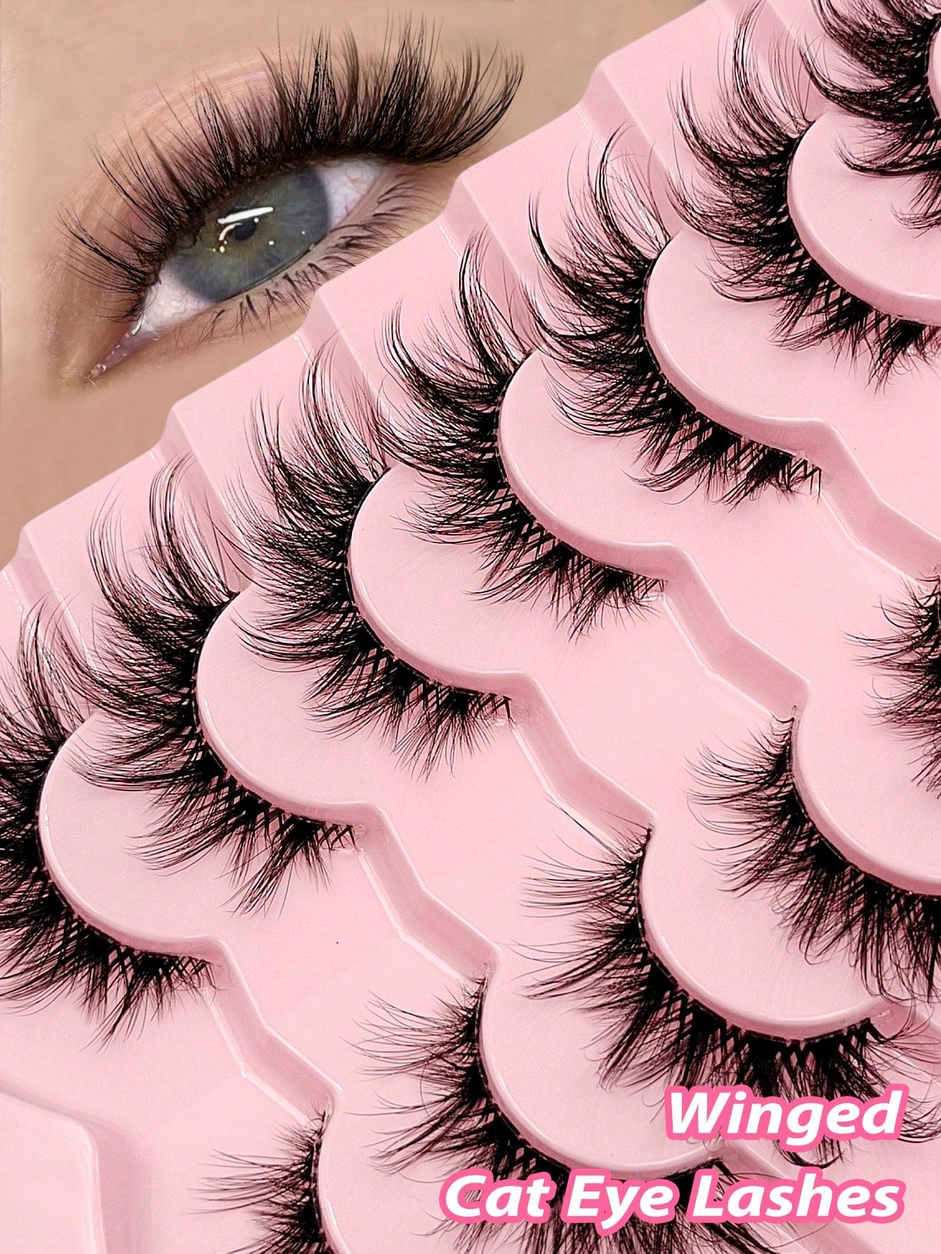 Asiteo 7 Pairs Fluffy Criss-Cross Cat Eye False Eyelashes, Transparent Eyelash Stem, Natural Thin Eyelashes, Transparent Eyelash Band, Faux Mink Eyelashes, Soft Curly Eyelashes