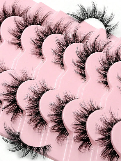 Asiteo 7 Pairs Fluffy Criss-Cross Cat Eye False Eyelashes, Transparent Eyelash Stem, Natural Thin Eyelashes, Transparent Eyelash Band, Faux Mink Eyelashes, Soft Curly Eyelashes