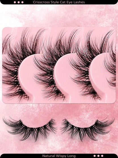 Asiteo 7 Pairs Fluffy Criss-Cross Cat Eye False Eyelashes, Transparent Eyelash Stem, Natural Thin Eyelashes, Transparent Eyelash Band, Faux Mink Eyelashes, Soft Curly Eyelashes