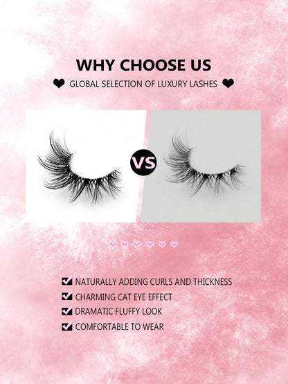 Asiteo 7 Pairs Fluffy Criss-Cross Cat Eye False Eyelashes, Transparent Eyelash Stem, Natural Thin Eyelashes, Transparent Eyelash Band, Faux Mink Eyelashes, Soft Curly Eyelashes