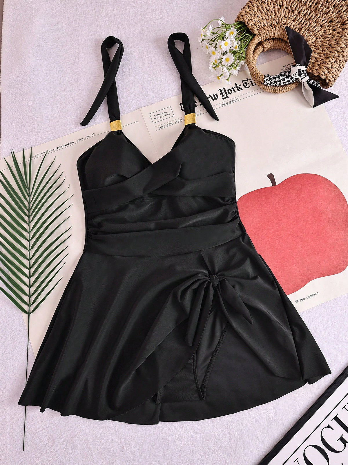 Asymmetrical Metal Decor Cloud Feeling One Piece Swimsuit, Suitable For Beach Vacation Black Summer