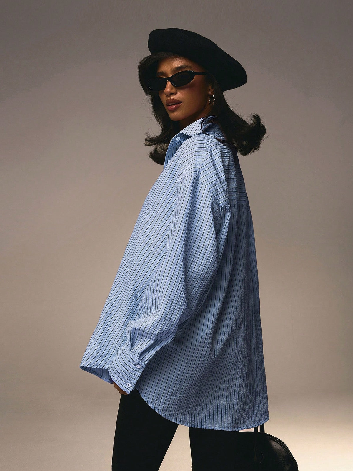 Athîral Women's Front Button Collar Long Sleeve Pink Striped Minimalist Blouse Valentine's Day Blue