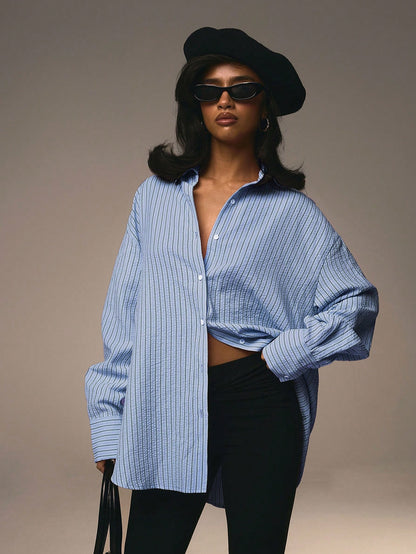 Athîral Women's Front Button Collar Long Sleeve Pink Striped Minimalist Blouse Valentine's Day Blue