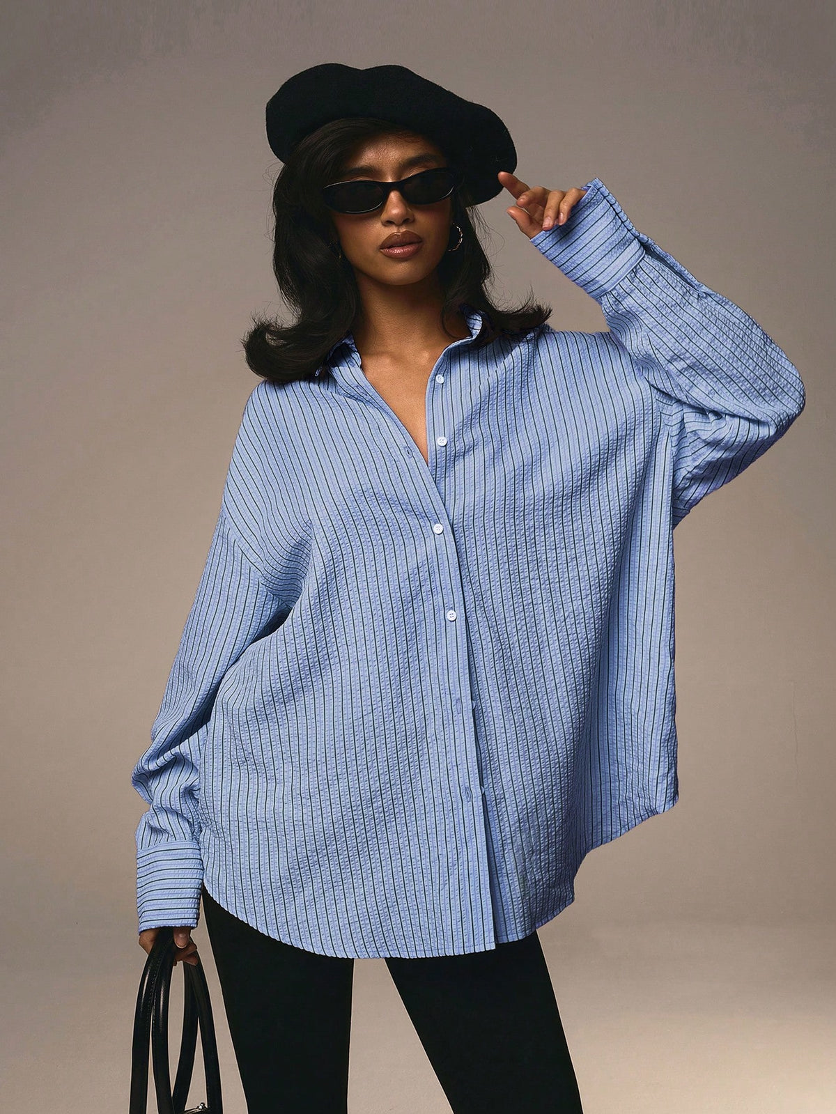 Athîral Women's Front Button Collar Long Sleeve Pink Striped Minimalist Blouse Valentine's Day Blue