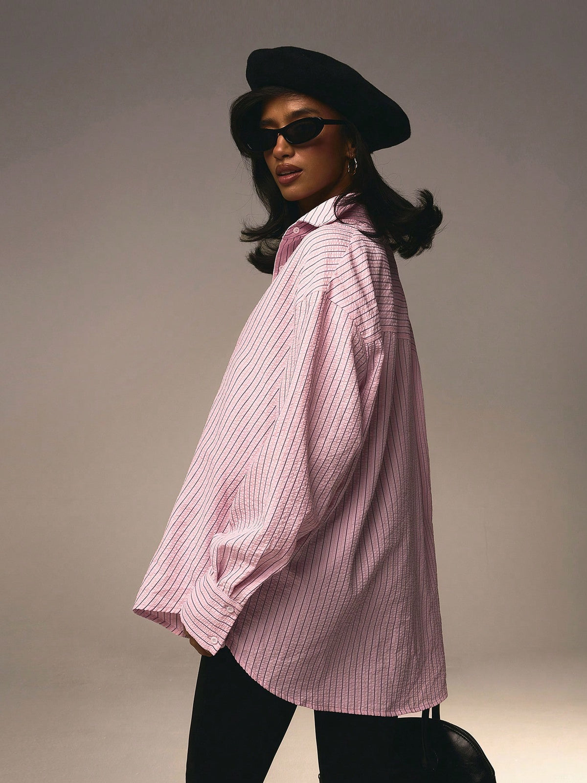 Athîral Women's Front Button Collar Long Sleeve Pink Striped Minimalist Blouse Valentine's Day Blue