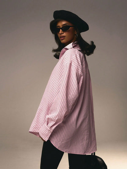 Athîral Women's Front Button Collar Long Sleeve Pink Striped Minimalist Blouse Valentine's Day Blue