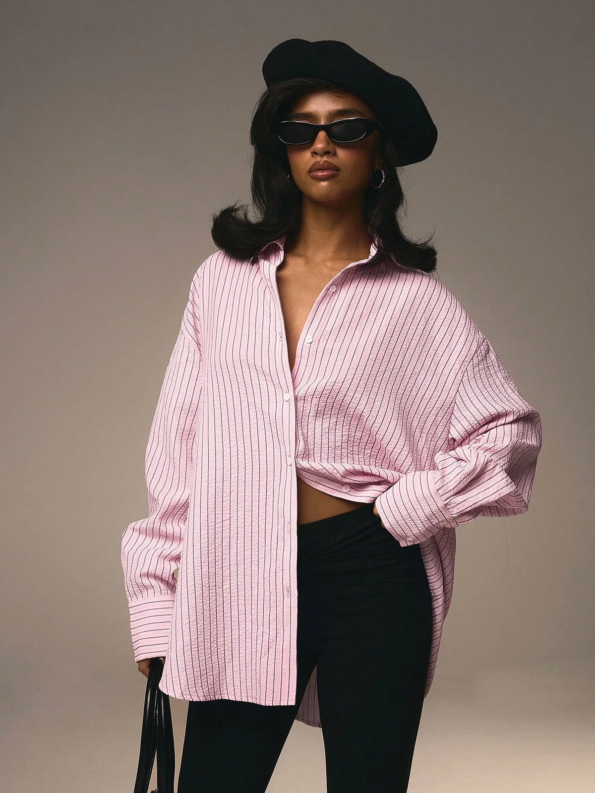 Athîral Women's Front Button Collar Long Sleeve Pink Striped Minimalist Blouse Valentine's Day Blue